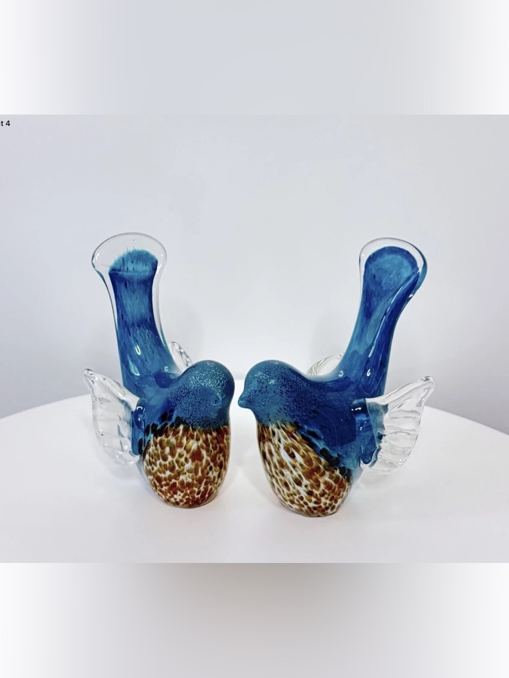 Vintage Pair of Hand Blown Murano Glass Bird Figures with Brown and White Flecks